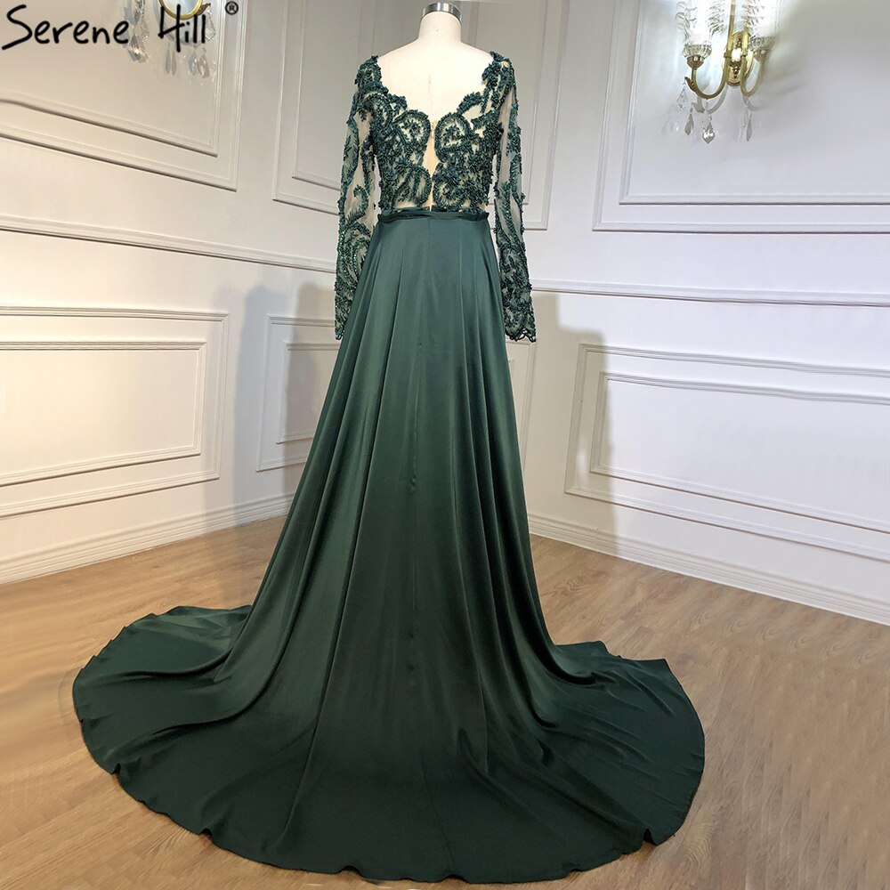 Grün Satin Abnehmbarer Rock Lange Ärmel Sexy Abendkleider 2025 Meerjungfrau Formales Kleid Design LA70343 