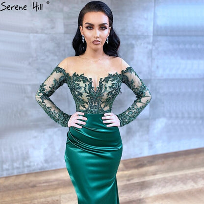 Grün Satin Abnehmbarer Rock Lange Ärmel Sexy Abendkleider 2025 Meerjungfrau Formales Kleid Design LA70343 