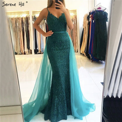 Grüne Sling Spitze Perlen Meerjungfrau Abendkleider 2025 Sexy Ärmelloses V-Ausschnitt Tüll Abendkleid Real Photo LA70064 