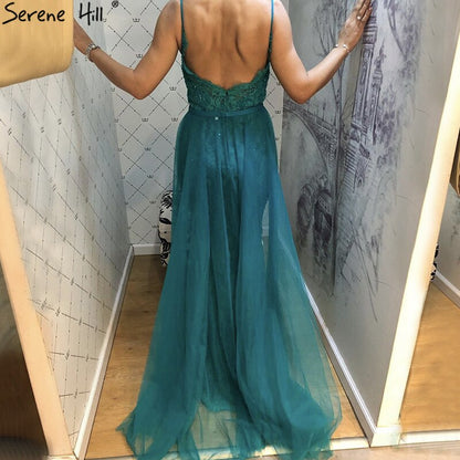 Grüne Sling Spitze Perlen Meerjungfrau Abendkleider 2025 Sexy Ärmelloses V-Ausschnitt Tüll Abendkleid Real Photo LA70064 