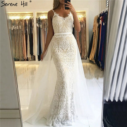 Grüne Sling Spitze Perlen Meerjungfrau Abendkleider 2025 Sexy Ärmelloses V-Ausschnitt Tüll Abendkleid Real Photo LA70064 