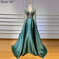 Im Angebot, keine Rückgabe, keine Rückerstattung, grünes V-Ausschnitt-Satin-Langkleid, Abendkleid mit langen Ärmeln, Perlenbesatz, Abendkleid 2025 LA6312 