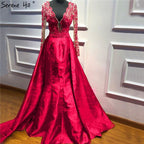 Im Angebot, keine Rückgabe, keine Rückerstattung, grünes V-Ausschnitt-Satin-Langkleid, Abendkleid mit langen Ärmeln, Perlenbesatz, Abendkleid 2025 LA6312 