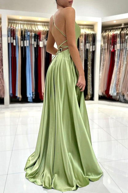 Green Satin Simple A Line Backless Long Prom Dresses with Leg Slit  PSK381