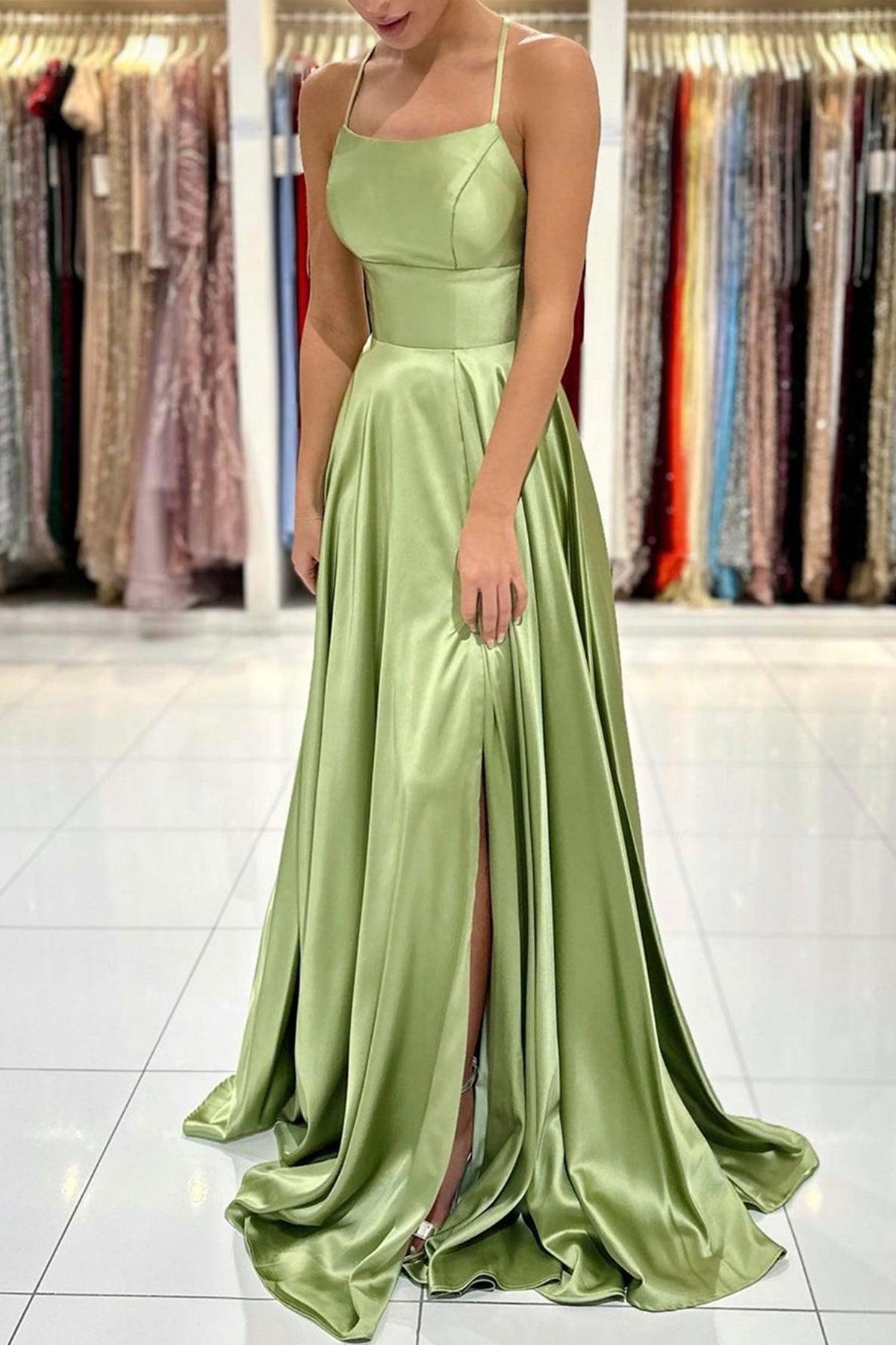 Vestido de fiesta largo, sencillo, de satén verde, corte A, sin espalda y con abertura en la pierna (PSK381)