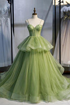 Grünes langes Ballkleid aus Tüll in A-Linie mit Schleppe PSK418