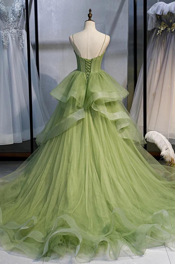 Grünes langes Ballkleid aus Tüll in A-Linie mit Schleppe PSK418