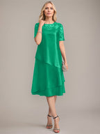Vestido de madre de la novia con corte en A, escote redondo y largo hasta la rodilla, con apliques y lentejuelas