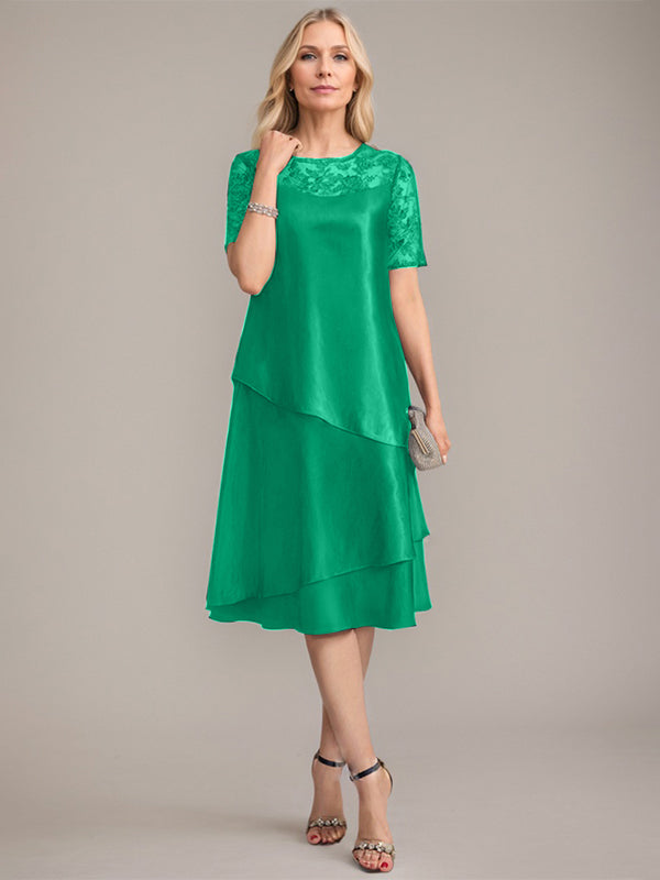 Vestido de madre de la novia con corte en A, escote redondo y largo hasta la rodilla, con apliques y lentejuelas