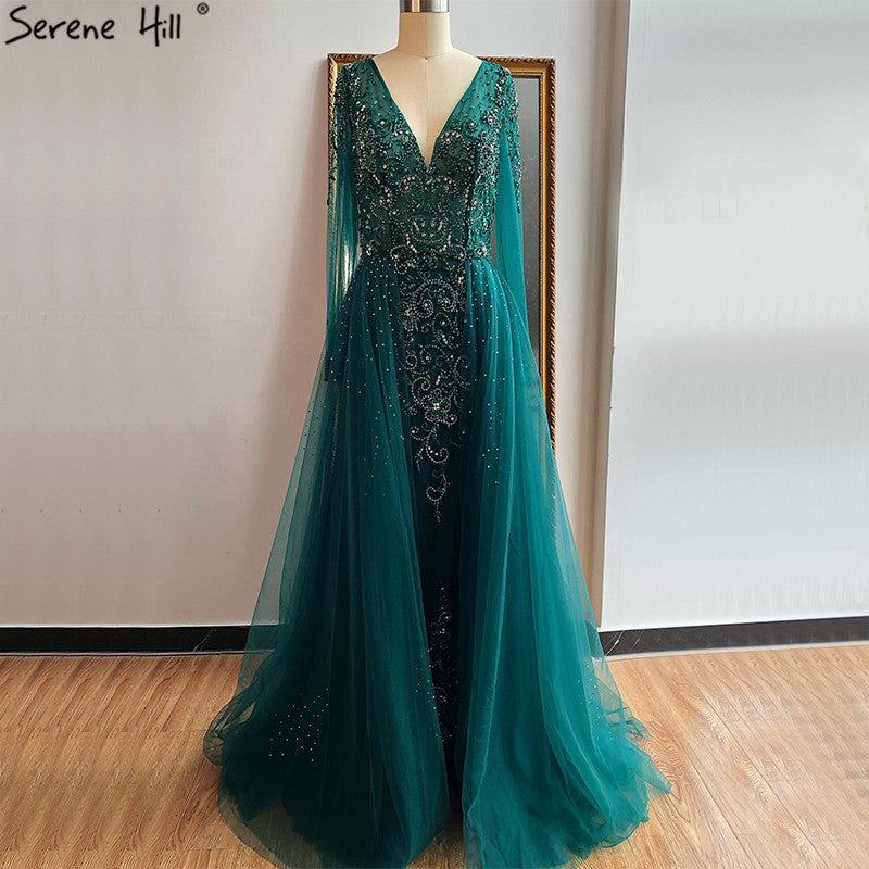 Vestido de noche musulmán largo con escote en V, nuevo modelo 2025, corte A, con cuentas de diamantes y falda sobrefalda. Foto real LA6571.