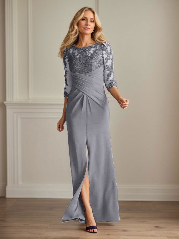 Vestido para madre de la novia de crepé elástico con encaje color ciruela
