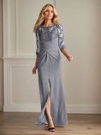 Vestido para madre de la novia de crepé elástico con encaje color ciruela