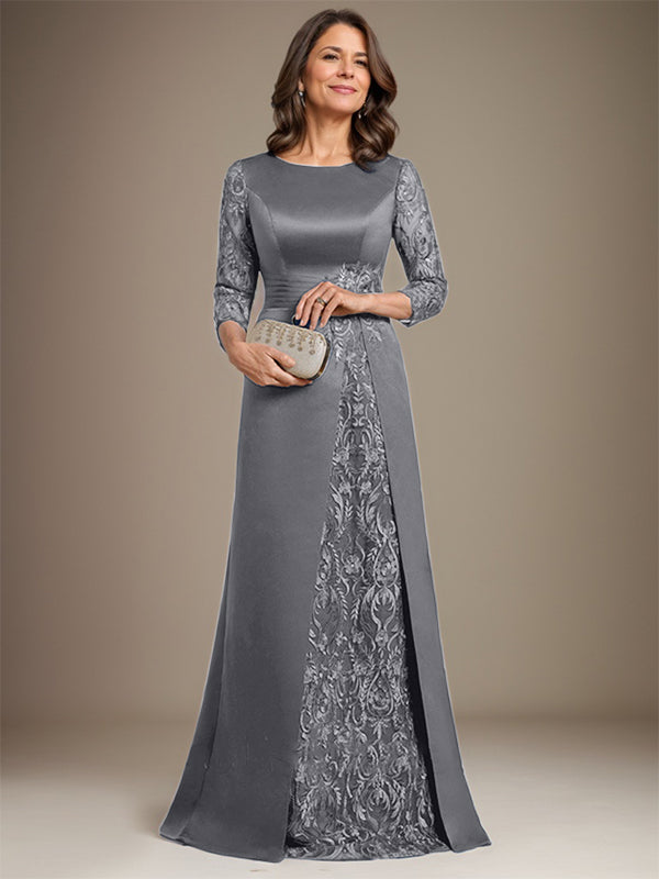 Vestido de madre de la novia de satén con encaje, corte A, largo hasta el suelo y apliques