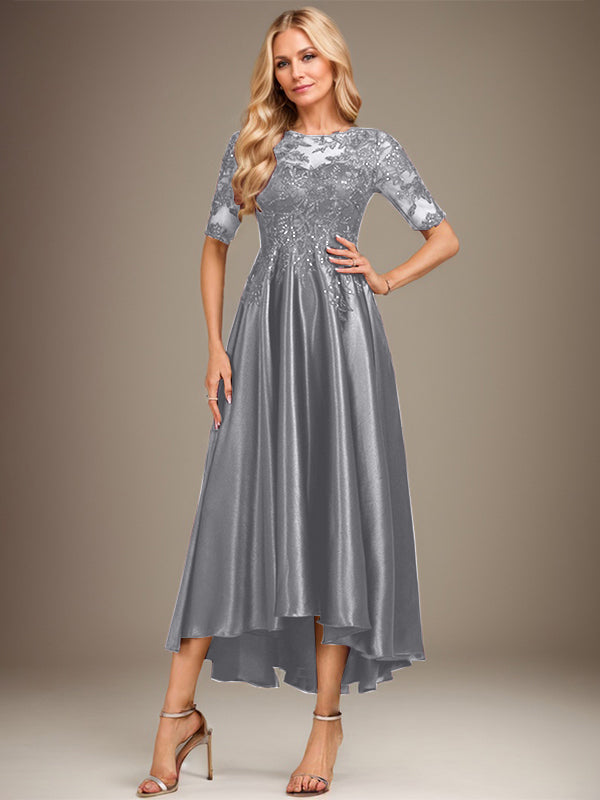 Vestido de madre de la novia de encaje satinado elástico asimétrico con ilusión de escote redondo y lentejuelas