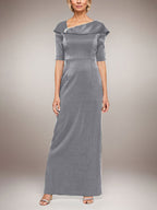 Vestido largo de columna brillante con puños doblados, escote en L y mangas hasta el codo
