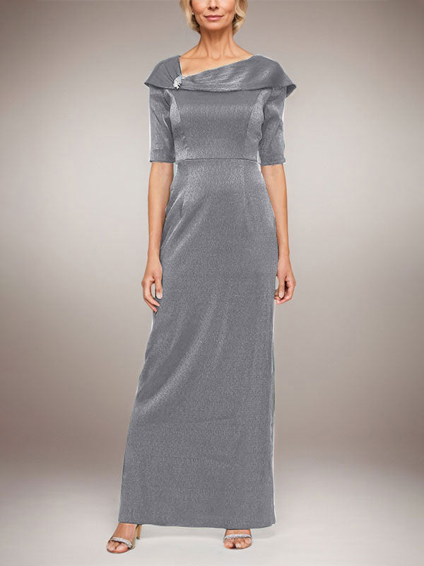 Vestido largo de columna brillante con puños doblados, escote en L y mangas hasta el codo