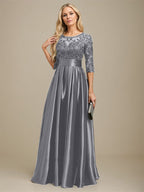Vestido de madre de la novia de satén elástico con encaje, corte A, escote ilusión, largo hasta el suelo, con lazo y lentejuelas