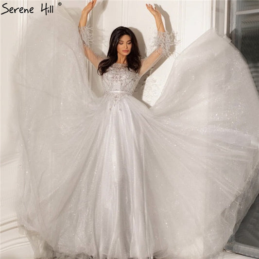 Grau A-Linie Perlen Federn Design Abendkleider 2025 Dubai Lange Ärmel Luxus Abendkleid LA70472 
