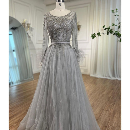 Grau A-Linie Perlen Federn Design Abendkleider 2025 Dubai Lange Ärmel Luxus Abendkleid LA70472 