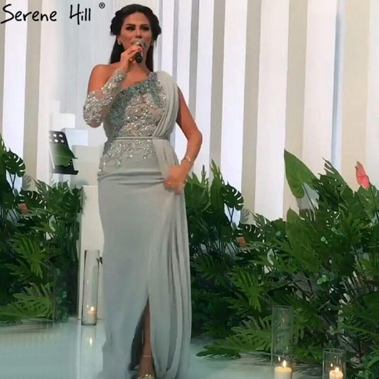 Grau A-Linie Luxus High-End Abendkleider One Shouder Handgemachte Blumen Perlen Formales Kleid 2025 LA70553 