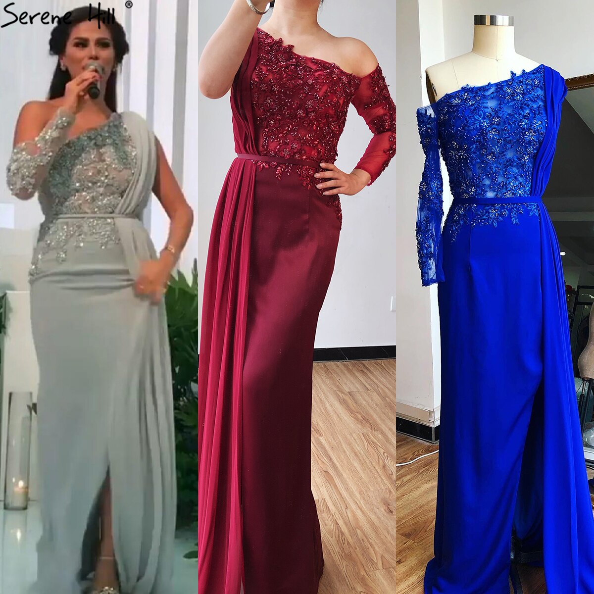 Grey A-Line Luxury High-end Evening Dresses One Shouder Handmade Flowers Pearls Formal Dress 2025 LA70553