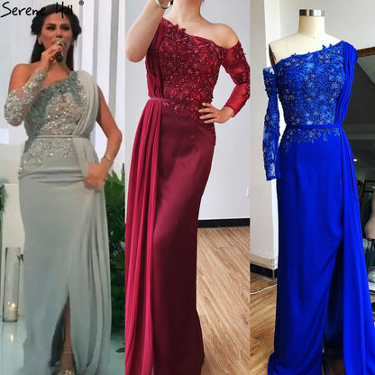 Grau A-Linie Luxus High-End Abendkleider One Shouder Handgemachte Blumen Perlen Formales Kleid 2025 LA70553 