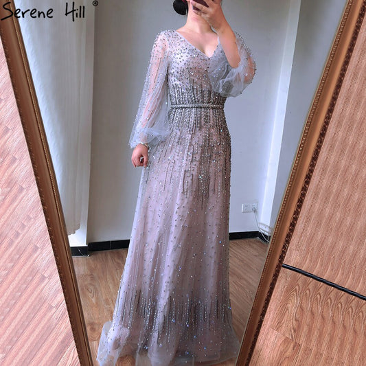 Grau A-Linie Luxus Sparkle Dubai Abendkleider 2025 Perlen Lange Ärmel Sexy Abendkleid LA70642 
