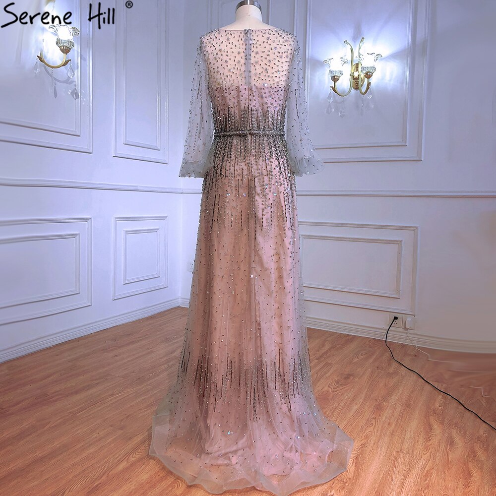 Grau A-Linie Luxus Sparkle Dubai Abendkleider 2025 Perlen Lange Ärmel Sexy Abendkleid LA70642 