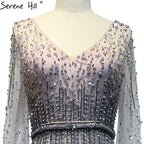 Grau A-Linie Luxus Sparkle Dubai Abendkleider 2025 Perlen Lange Ärmel Sexy Abendkleid LA70642 