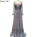 Grau A-Linie Luxus Sparkle Dubai Abendkleider 2025 Perlen Lange Ärmel Sexy Abendkleid LA70642 