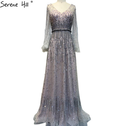 Grau A-Linie Luxus Sparkle Dubai Abendkleider 2025 Perlen Lange Ärmel Sexy Abendkleid LA70642 