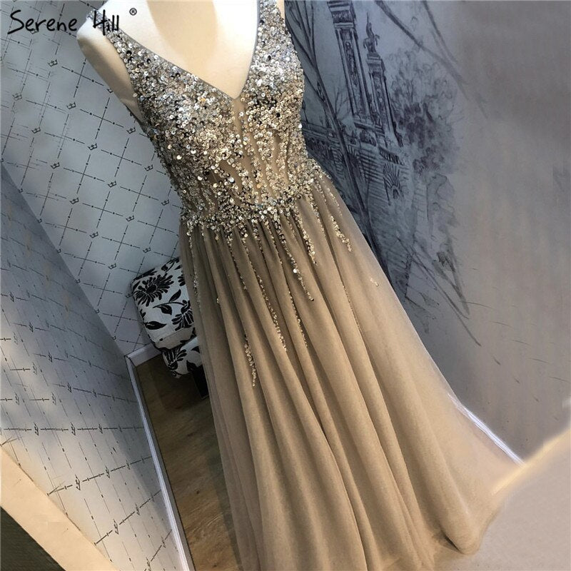 On Sale no return no refundSale Grey Backless A-Line V Neck Sleeveless Evening Dressese Beading Diamonds Sexy Evening Gowns Design 2025 LA70168
