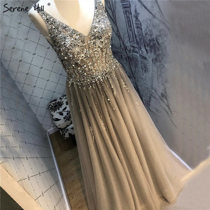 On Sale no return no refundSale Grey Backless A-Line V Neck Sleeveless Evening Dressese Beading Diamonds Sexy Evening Gowns Design 2025 LA70168
