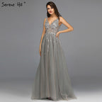On Sale no return no refundSale Grey Backless A-Line V Neck Sleeveless Evening Dressese Beading Diamonds Sexy Evening Gowns Design 2025 LA70168