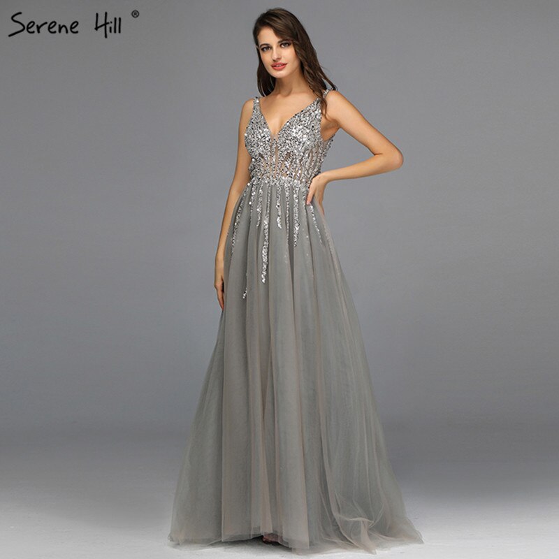 On Sale no return no refundSale Grey Backless A-Line V Neck Sleeveless Evening Dressese Beading Diamonds Sexy Evening Gowns Design 2025 LA70168