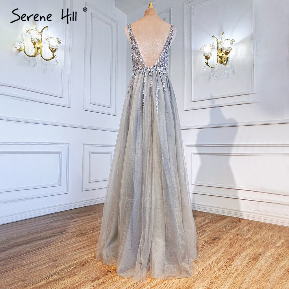 On Sale no return no refundSale Grey Backless A-Line V Neck Sleeveless Evening Dressese Beading Diamonds Sexy Evening Gowns Design 2025 LA70168