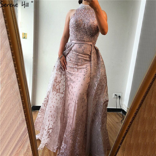 Grau Dubai Design Ärmellose Sexy Abendkleider 2025 Stickerei Diamanten Meerjungfrau Formale Kleid Real Photo LA70014 