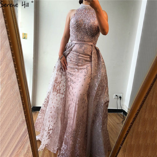 Grau Dubai Design Ärmellose Sexy Abendkleider 2025 Stickerei Diamanten Meerjungfrau Formale Kleid Real Photo LA70014 