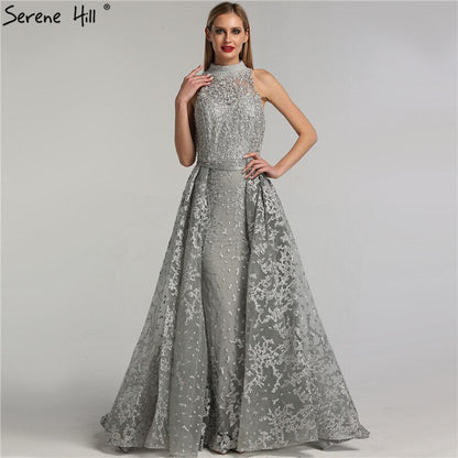 Grau Dubai Design Ärmellose Sexy Abendkleider 2025 Stickerei Diamanten Meerjungfrau Formale Kleid Real Photo LA70014 