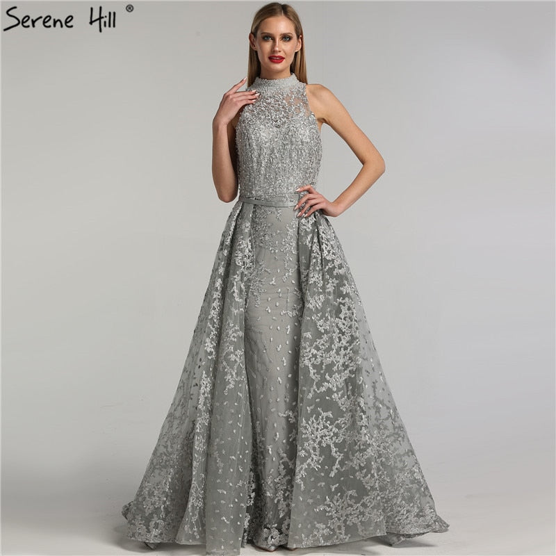 Vestido de noche sexy, sin mangas, diseño de Dubái, color gris, 2025, con bordado de diamantes, corte sirena, foto real, LA70014