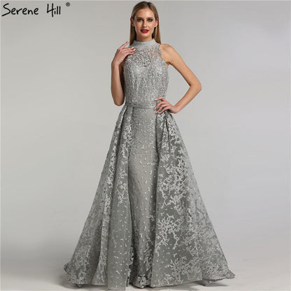 Grau Dubai Design Ärmellose Sexy Abendkleider 2025 Stickerei Diamanten Meerjungfrau Formale Kleid Real Photo LA70014 