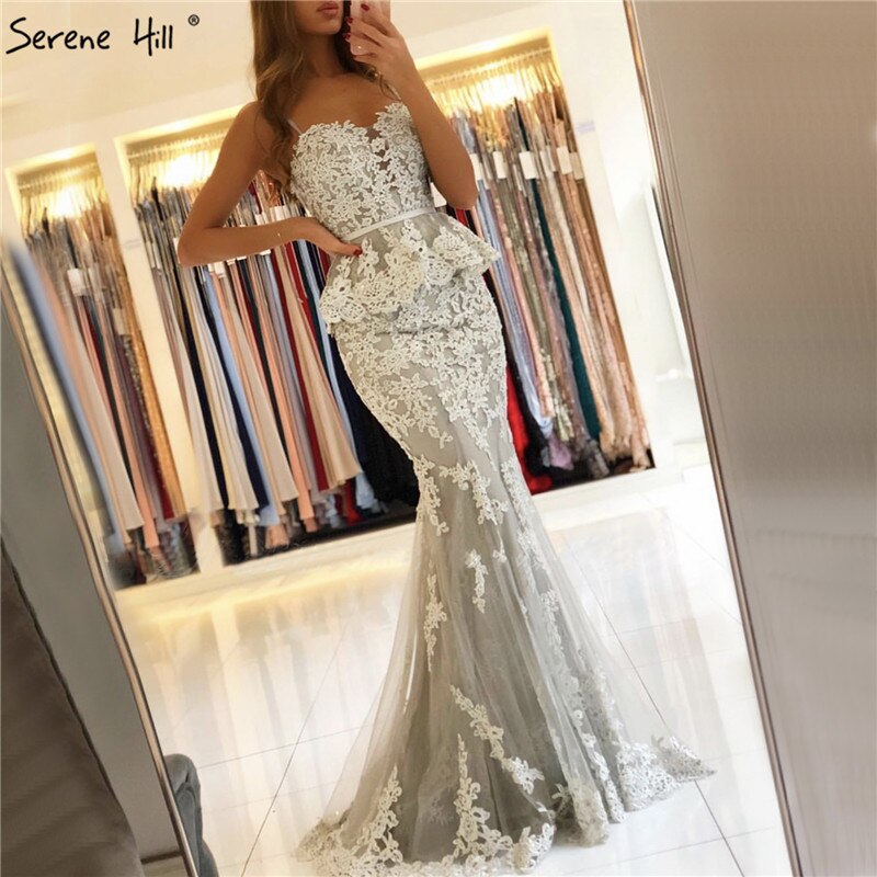 En oferta, sin devolución ni reembolso.Vestido de noche gris de dos piezas con corte sirena, sin mangas, sexy, de encaje, largo, LA70247. 