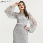 On Sale no return no refundSale Grey Full Pearls Mermaid Evening Dresses 2025 Long Sleeves Sexy Fashion Formal Evening Gowns Plus Size LA6556