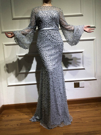 En oferta, sin devolución ni reembolso. Vestidos de noche de sirena con perlas grises, 2025, mangas largas, sexys, de moda, formales, tallas grandes, LA6556. 