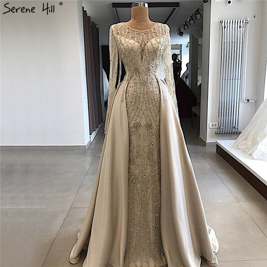 Grau Langarm Sexy Luxus Abendkleid 2025 Meerjungfrau Pailletten Perlen Oansatz Abendkleid Real Photo LA70174