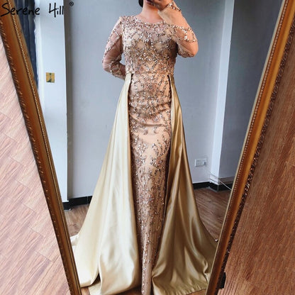 Grau Langarm Sexy Luxus Abendkleid 2025 Meerjungfrau Pailletten Perlen Oansatz Abendkleid Real Photo LA70174