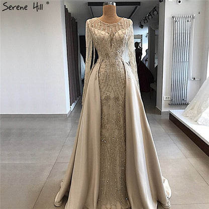 Grau Langarm Sexy Luxus Abendkleid 2025 Meerjungfrau Pailletten Perlen Oansatz Abendkleid Real Photo LA70174