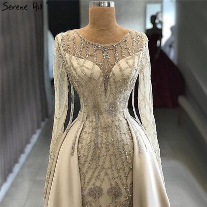 Grau Langarm Sexy Luxus Abendkleid 2025 Meerjungfrau Pailletten Perlen Oansatz Abendkleid Real Photo LA70174