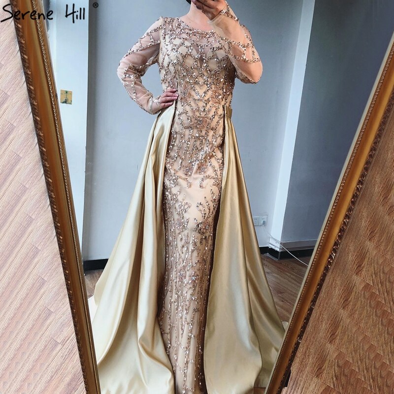 Grau Langarm Sexy Luxus Abendkleid 2025 Meerjungfrau Pailletten Perlen Oansatz Abendkleid Real Photo LA70174