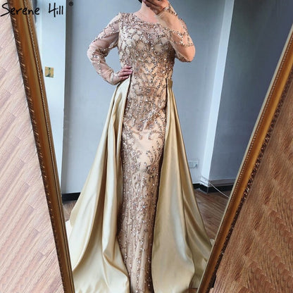 Grau Langarm Sexy Luxus Abendkleid 2025 Meerjungfrau Pailletten Perlen Oansatz Abendkleid Real Photo LA70174